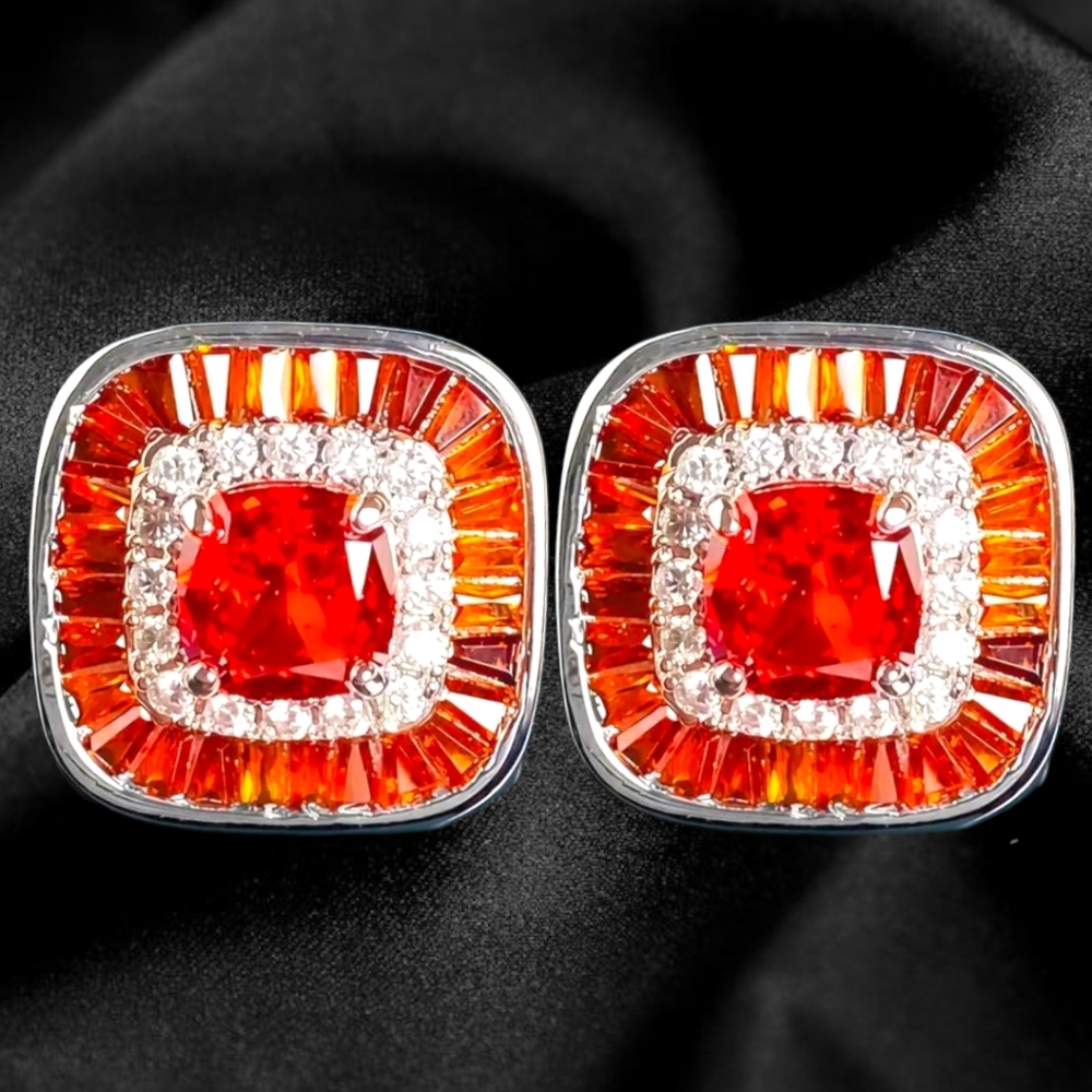 NWT 6.0 CARATS VVS1 RED MOISSANITE GEOMETRIC SQUARE STERLING SILVER EARRINGS